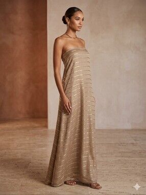 JAY AHR taupe & gold striped strapless floor length maxi dress, silk blend M